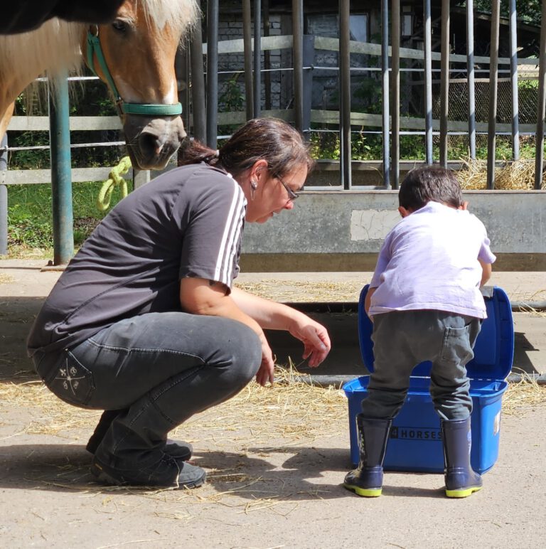 Beim therapeutischen Reiten nähren wir uns zusammen dem Pferd an, lernen das Drumherum kennen, und achten auf die Sicherheit.